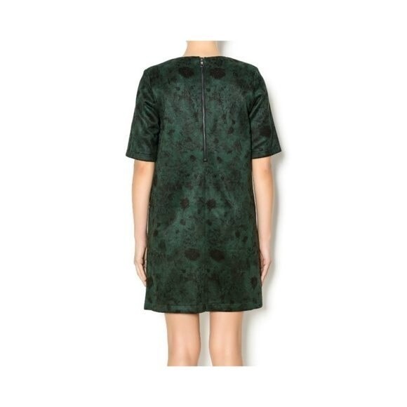 FRNCH Dark Green Floral Faux Suede Mini Dress Short Sleeve Size S - Picture 2 of 8